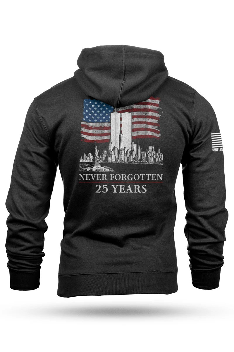 Patriotic hoodie with American flag and skyline print