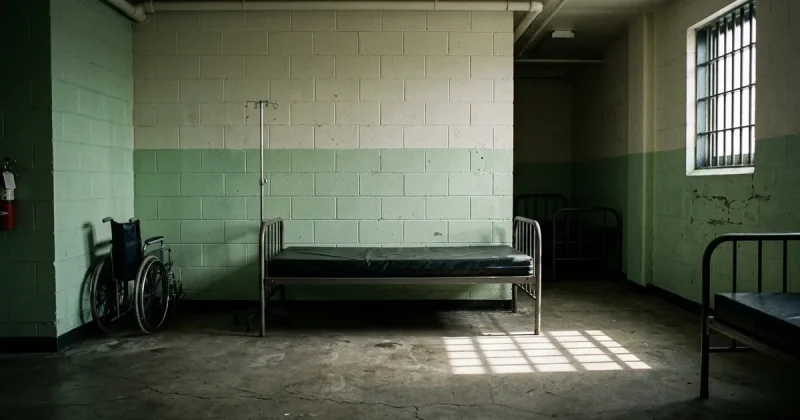 A stripped hospital bed and folded wheelchair in the empty medical wing of a state correctional facility, barred window light on the concrete floor