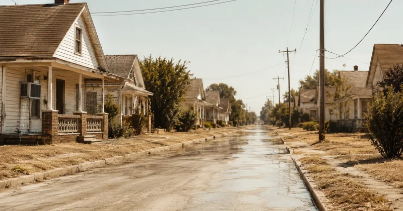 A deserted sun-bleached residential street with parched brown lawns and heat shimmer rising off the asphalt