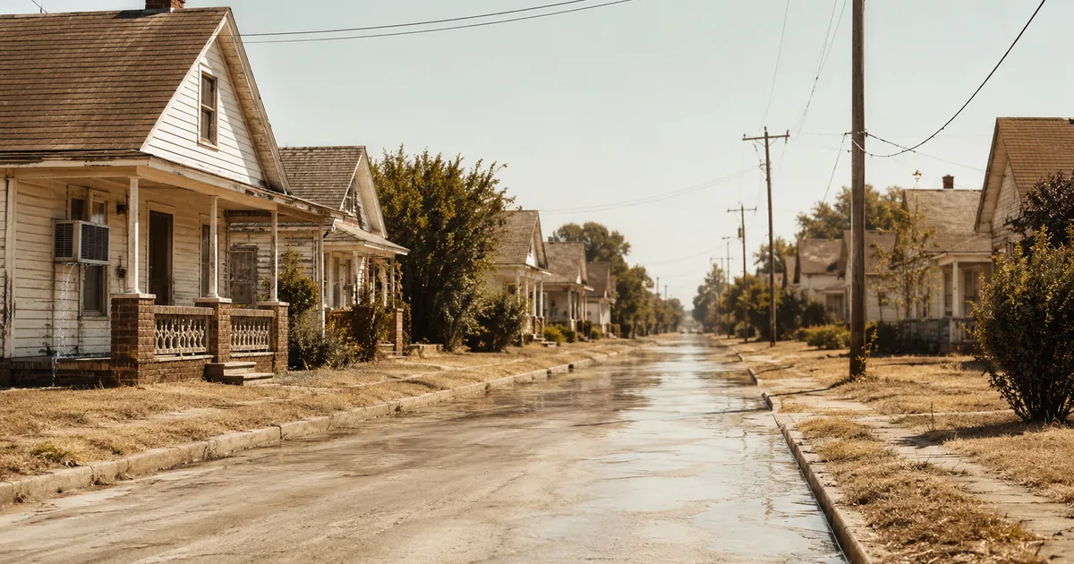 A deserted sun-bleached residential street with parched brown lawns and heat shimmer rising off the asphalt