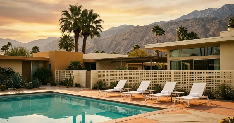 Four empty white loungers beside a turquoise pool at a midcentury modern Palm Springs resort, palms and desert mountains behind in golden evening light