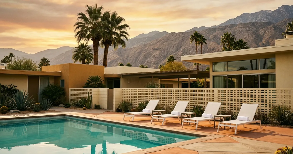 Four empty white loungers beside a turquoise pool at a midcentury modern Palm Springs resort, palms and desert mountains behind in golden evening light