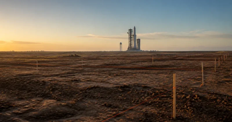 Empty graded ground marked with surveyor stakes and orange string lines at dawn, a rocket launch gantry silhouetted on the far horizon