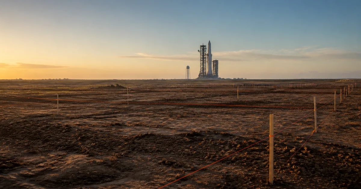 Empty graded ground marked with surveyor stakes and orange string lines at dawn, a rocket launch gantry silhouetted on the far horizon