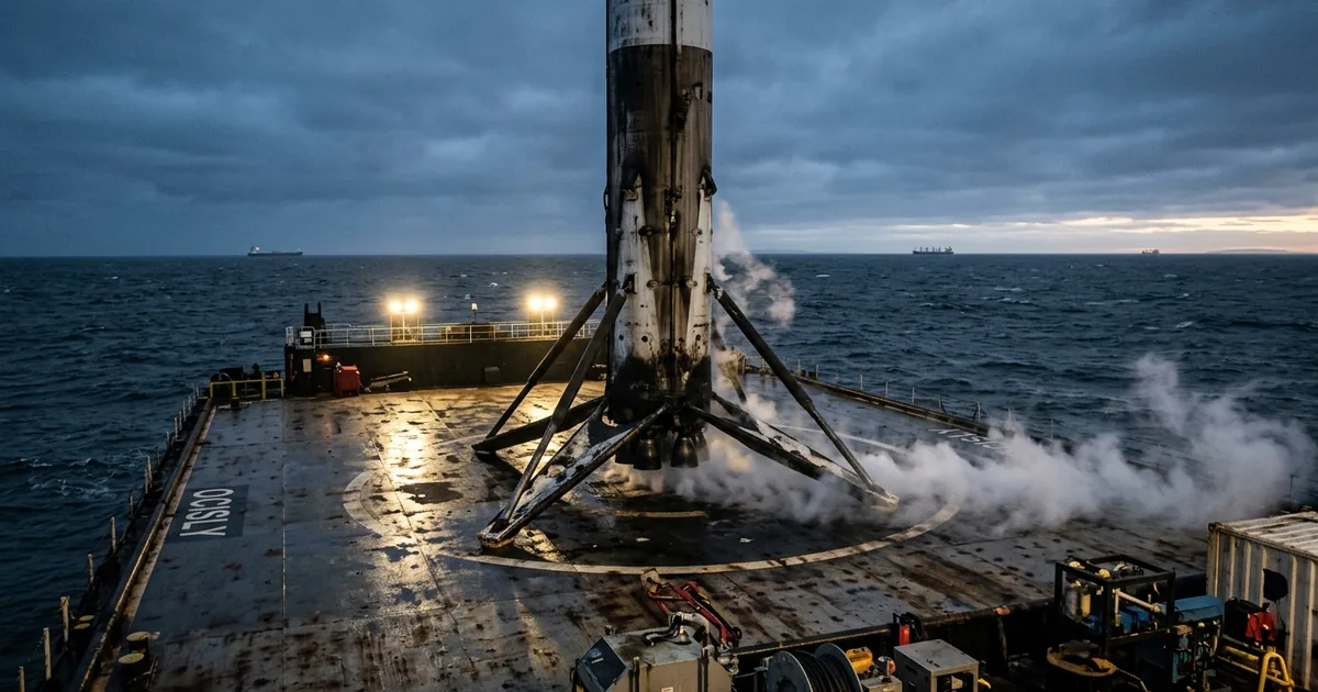 A soot-blackened rocket booster stands on the wet deck of a drone ship in a choppy grey ocean at dawn with vapor drifting around its landing legs