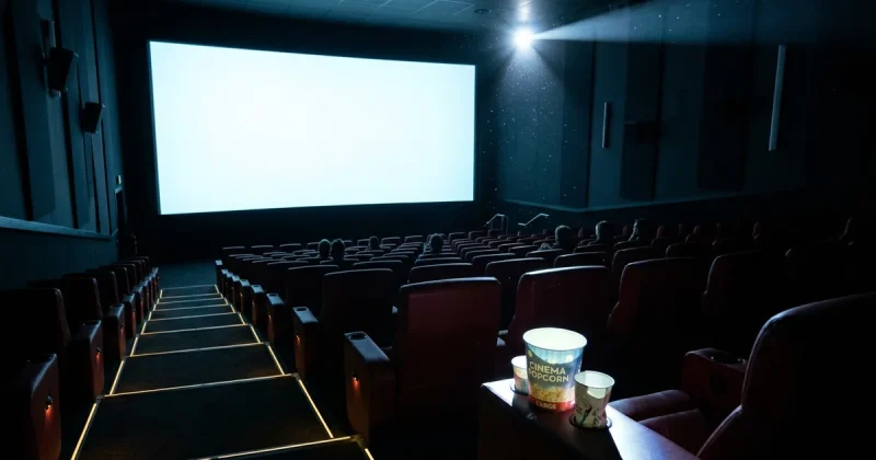 A mostly empty cinema auditorium seen from the back row, rows of dark red recliners facing a bright blank screen with a popcorn tub on a foreground armrest