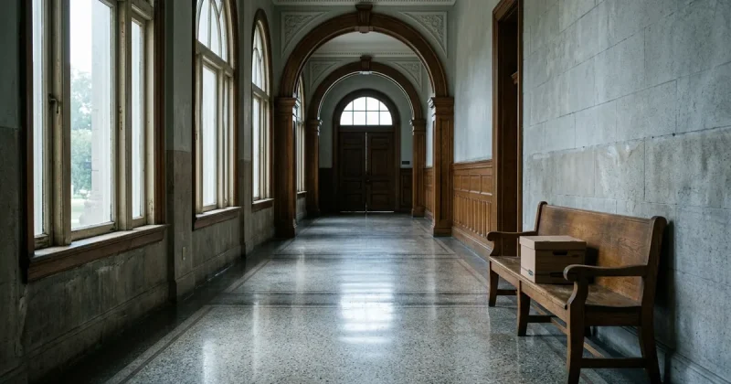 Morning light falls across the terrazzo floor of an empty federal courthouse corridor lined with arched windows, a single closed banker's box of documents sitting on a wooden bench