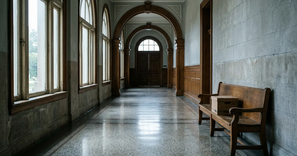 Morning light falls across the terrazzo floor of an empty federal courthouse corridor lined with arched windows, a single closed banker's box of documents sitting on a wooden bench
