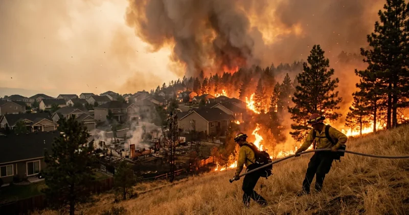 Wildland firefighters pull a hose line up a dry grass slope as fire burns through pines toward suburban houses, with a heavy smoke column overhead