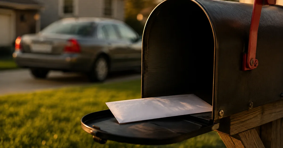 An open suburban mailbox holding a plain white envelope with a car parked in a driveway behind it
