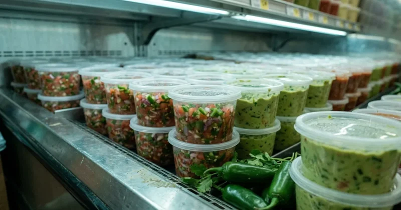 Clear plastic deli tubs of pico de gallo and guacamole stacked in a lit supermarket refrigerated case, with whole fresh jalapeno peppers and cilantro on the shelf edge