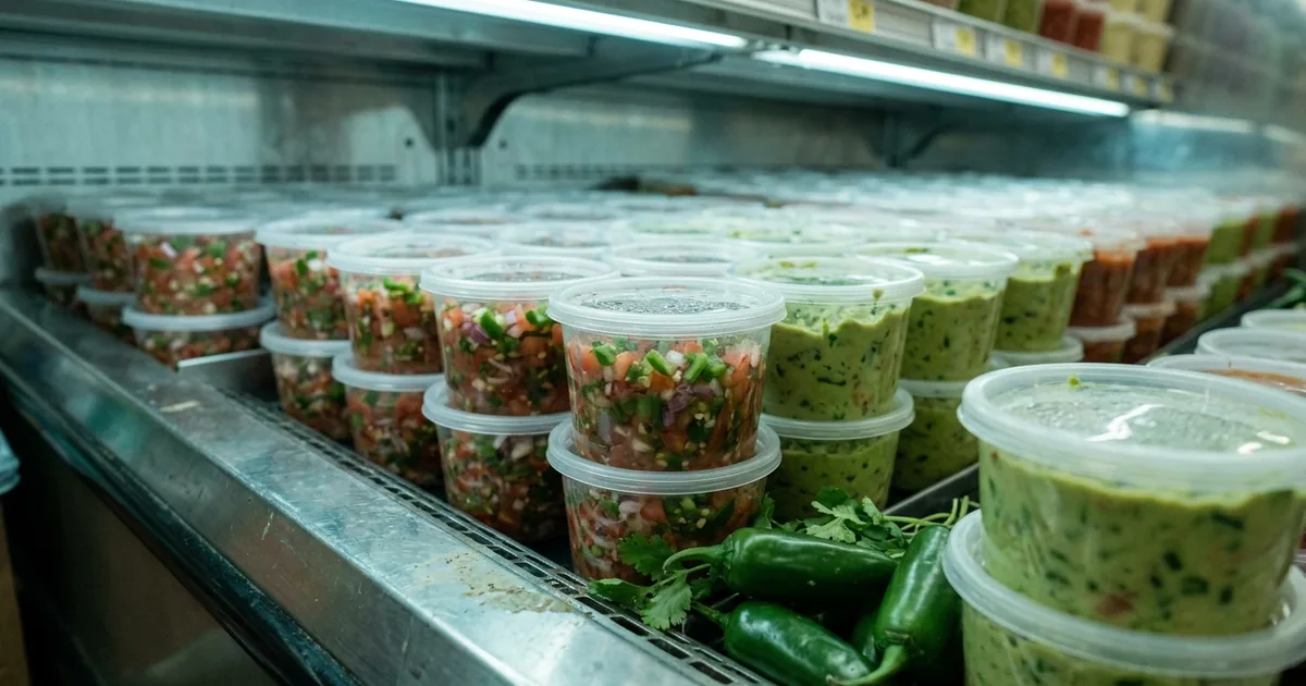 Clear plastic deli tubs of pico de gallo and guacamole stacked in a lit supermarket refrigerated case, with whole fresh jalapeno peppers and cilantro on the shelf edge