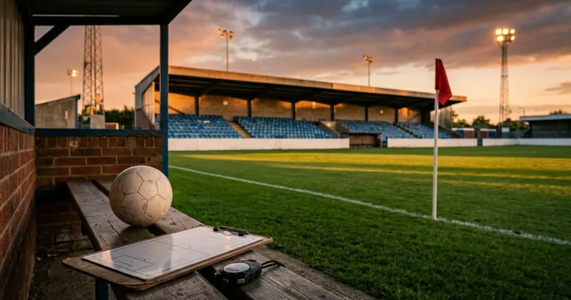 A coach's tactics clipboard, stopwatch and white football on a dugout bench beside an empty grass pitch and floodlit terrace at sunset