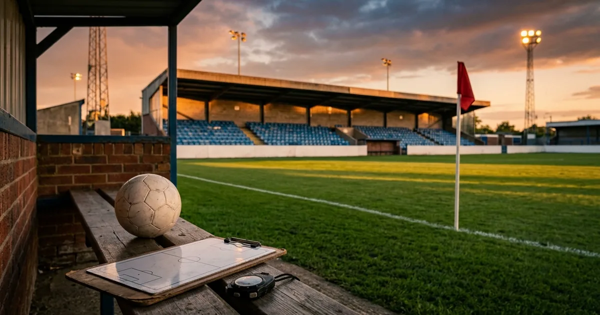A coach's tactics clipboard, stopwatch and white football on a dugout bench beside an empty grass pitch and floodlit terrace at sunset