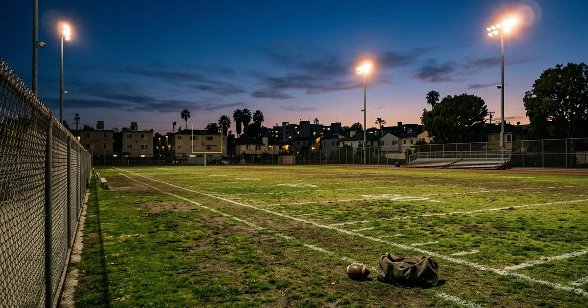 A worn urban high school football field at twilight with floodlights on, a football and a canvas duffel bag on the sideline grass