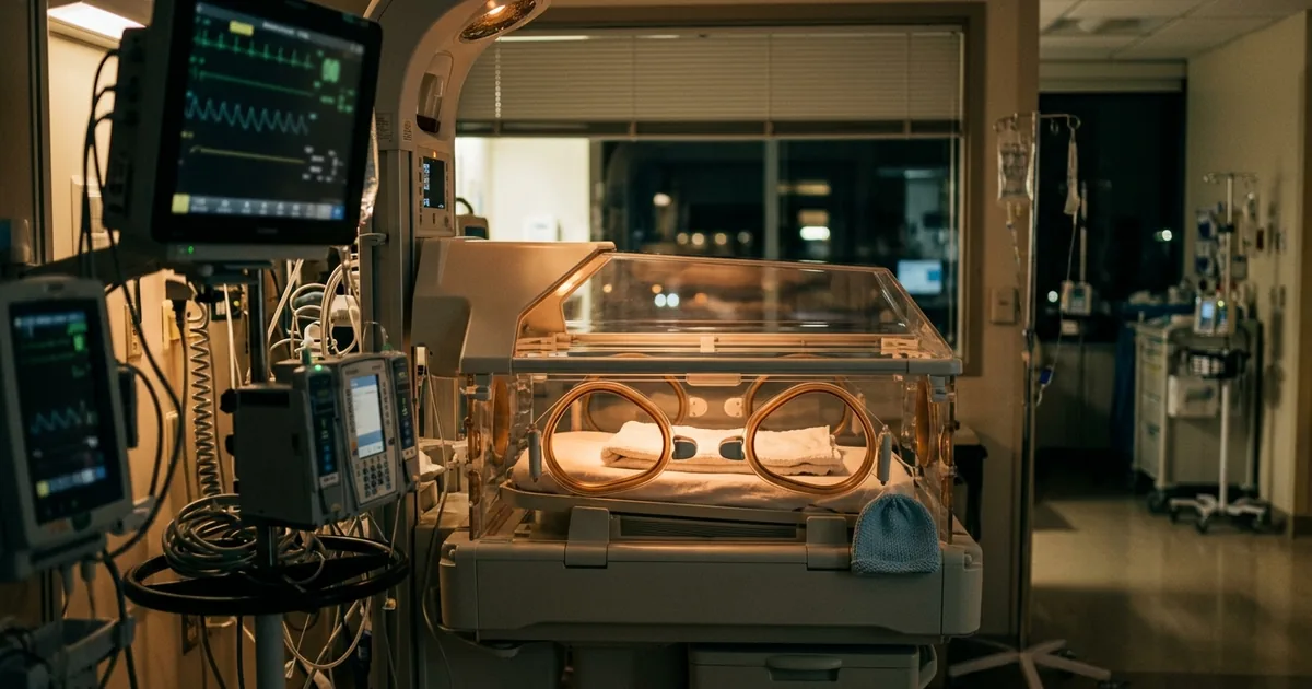 An empty hospital incubator lit warm amber, surrounded by cardiac monitors and IV pumps, a small knitted cap resting on the edge