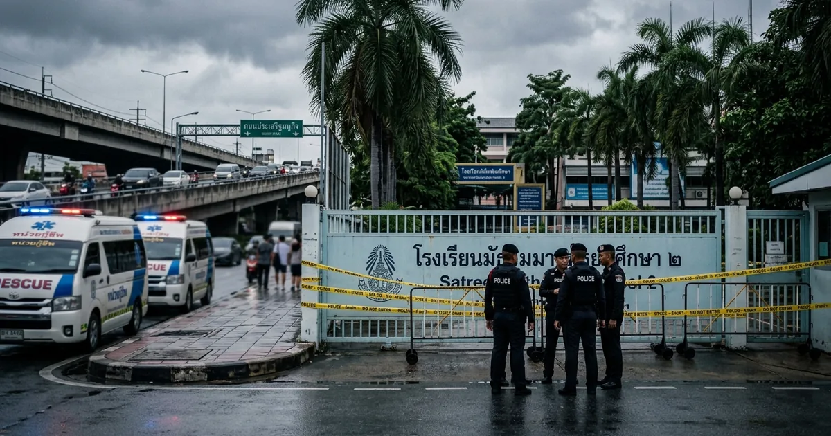 Thai police officers standing behind yellow cordon tape at a closed school gate with two rescue ambulances parked on a wet street