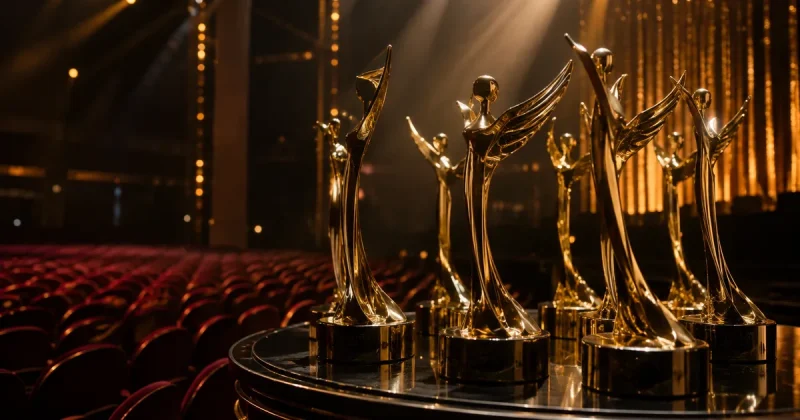 A cluster of gold winged statuettes on a dark podium under stage spotlights, empty red auditorium seats behind