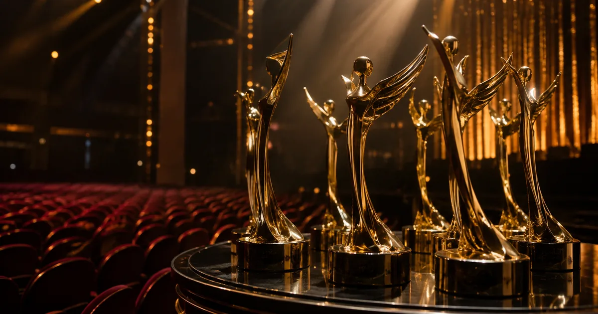 A cluster of gold winged statuettes on a dark podium under stage spotlights, empty red auditorium seats behind