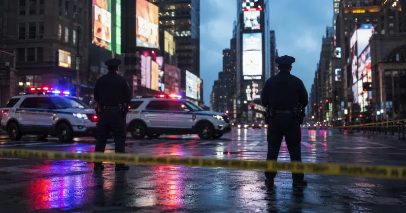 NYPD officers stand behind yellow police tape beside patrol cars with flashing lights on a rain-slicked Seventh Avenue in Times Square at dusk