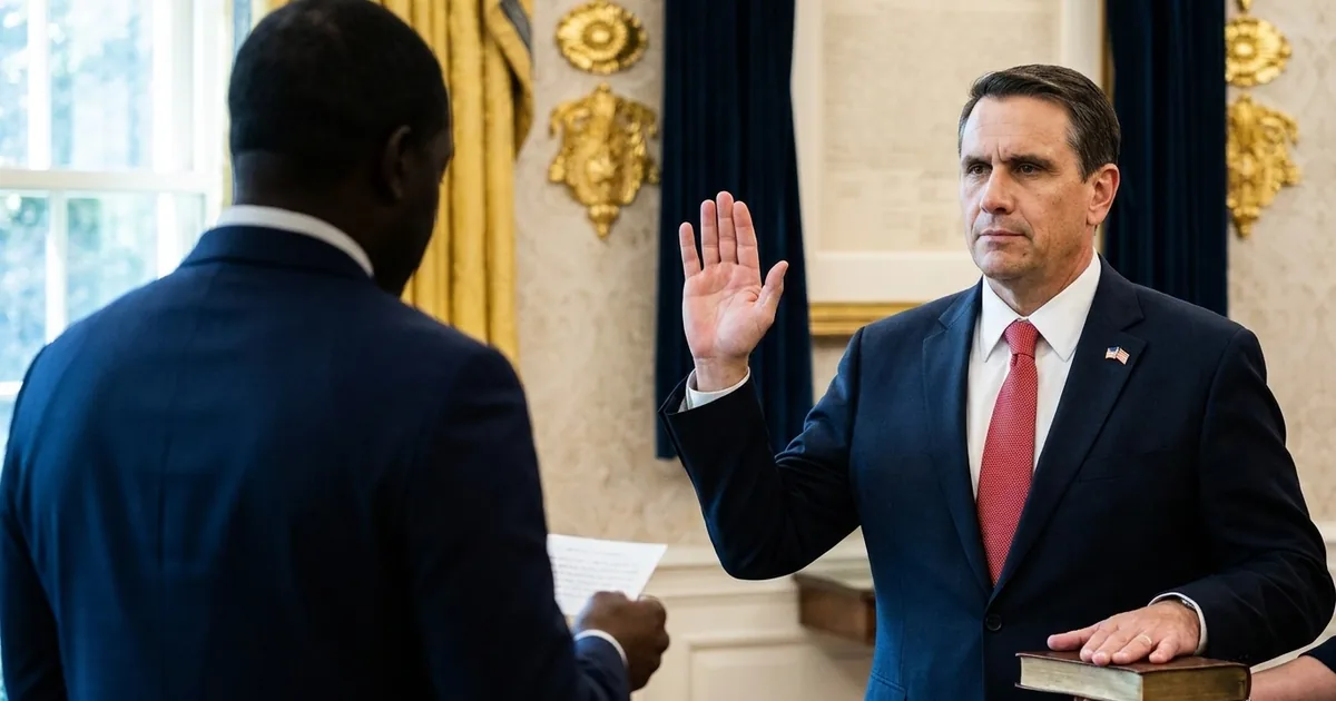 A man in a navy suit and red tie raises his right hand and rests his left hand on a Bible during an Oval Office swearing-in, facing another man who reads the oath from a card
