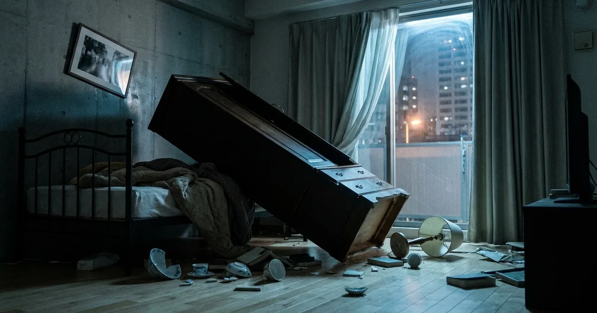 A tall wooden wardrobe toppled against a bed in a dark Tokyo apartment bedroom, with books, a fallen lamp and broken dishes scattered across the floor and city high-rise lights visible through the window