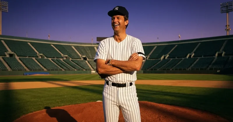 A smiling left-handed pitcher in white pinstripes and a navy cap stands on the mound of an empty stadium at golden hour