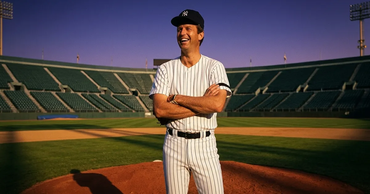 A smiling left-handed pitcher in white pinstripes and a navy cap stands on the mound of an empty stadium at golden hour