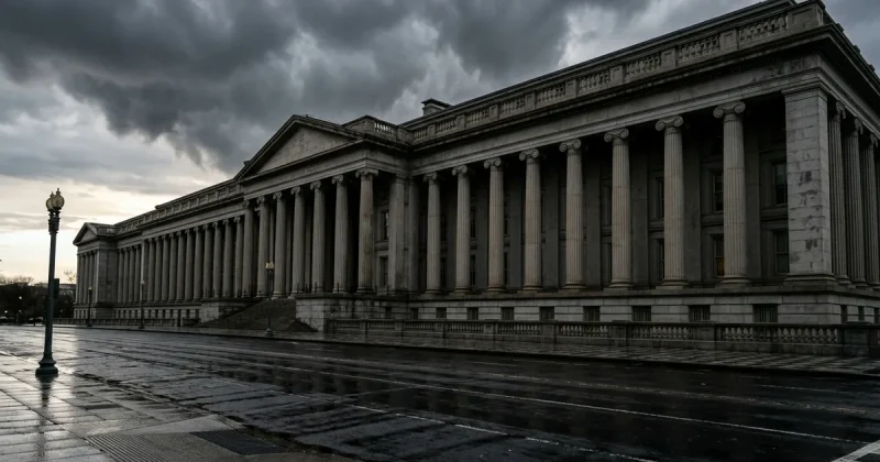 The granite colonnade of the US Treasury Department building in Washington DC beneath dark storm clouds, with wet pavement in the foreground