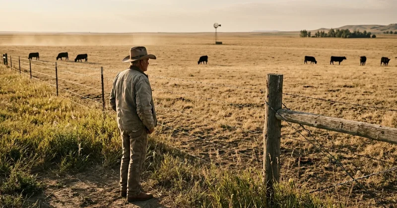 A rancher in a cowboy hat stands at a barbed-wire fence looking out over a dry pasture with only a few scattered black cattle
