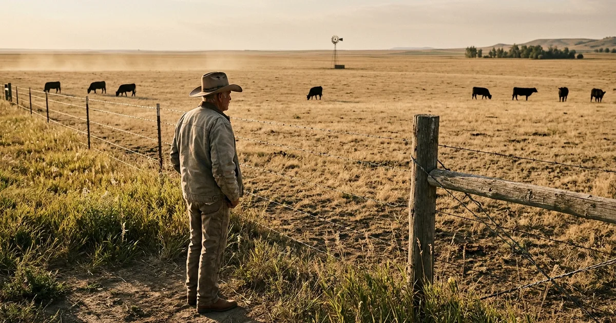 A rancher in a cowboy hat stands at a barbed-wire fence looking out over a dry pasture with only a few scattered black cattle