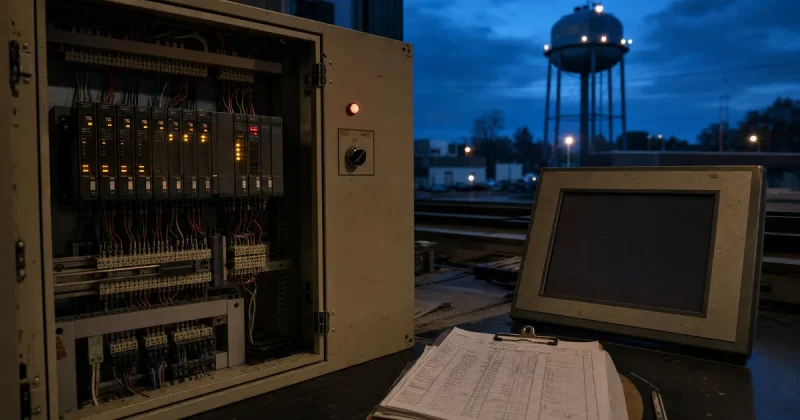 Open control cabinet of programmable logic controllers with lit status lights inside a small water treatment plant, a dark control screen and a paper log sheet on the desk, and a town water tower against a dusk sky outside