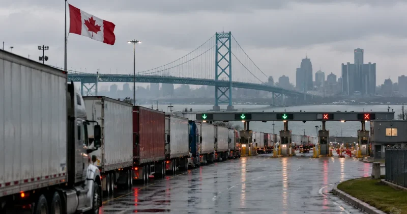 A line of transport trucks waits at customs booths on the Canadian side of the Ambassador Bridge, with the bridge and the Detroit skyline behind them on an overcast morning.