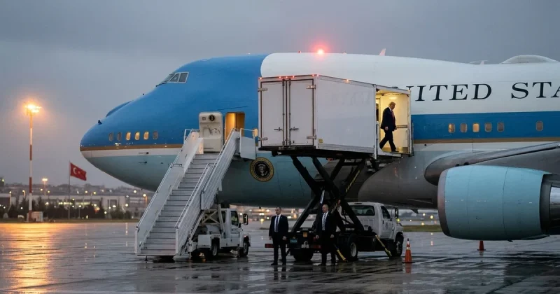 A US presidential Boeing 747 on a wet floodlit ramp with an airport catering truck raised to a cabin door, a man in a dark suit stepping into the container, and empty airstairs at the forward door