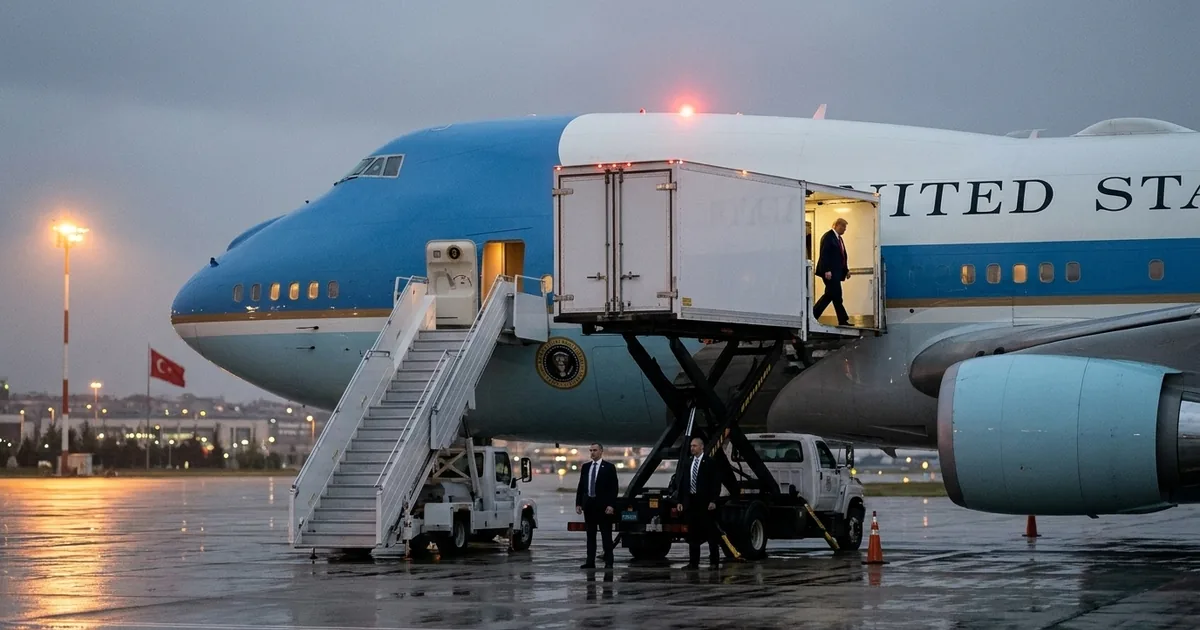 A US presidential Boeing 747 on a wet floodlit ramp with an airport catering truck raised to a cabin door, a man in a dark suit stepping into the container, and empty airstairs at the forward door