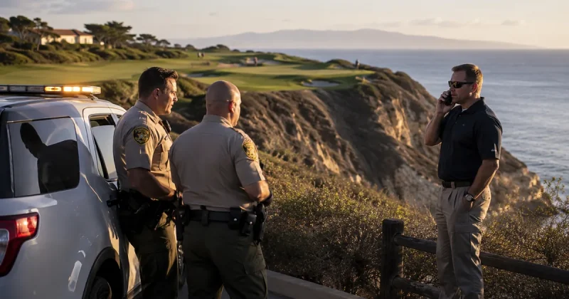 Two uniformed sheriff's deputies and a plainclothes agent speaking into a radio stand beside a white patrol SUV at a clifftop golf course overlooking the Pacific Ocean at sunset