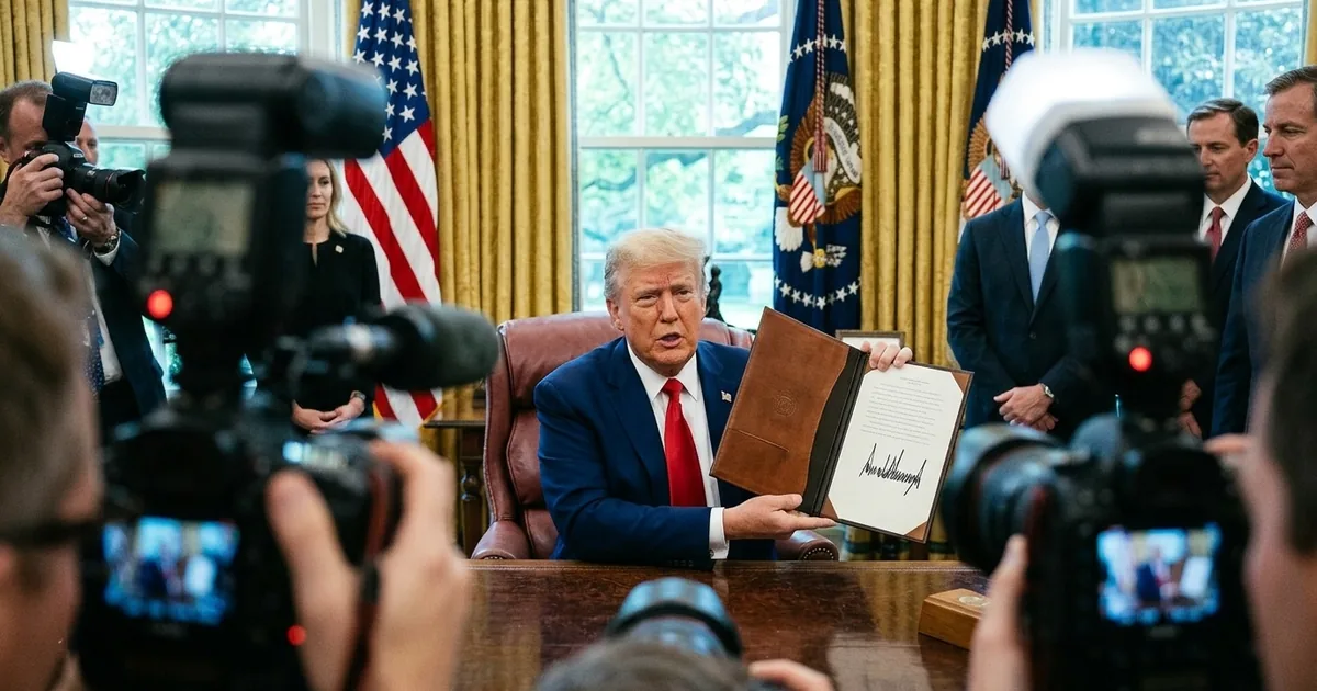A president in a navy suit and red tie seated at a desk in the Oval Office, holding open a leather folder with a signed document toward a crowd of press photographers