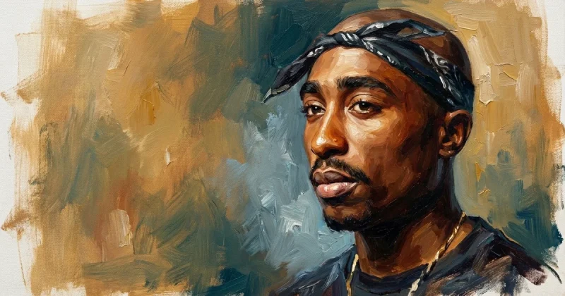 Oil painting portrait of Tupac Shakur in a black bandana, painted in loose visible brush strokes against an ochre and teal background