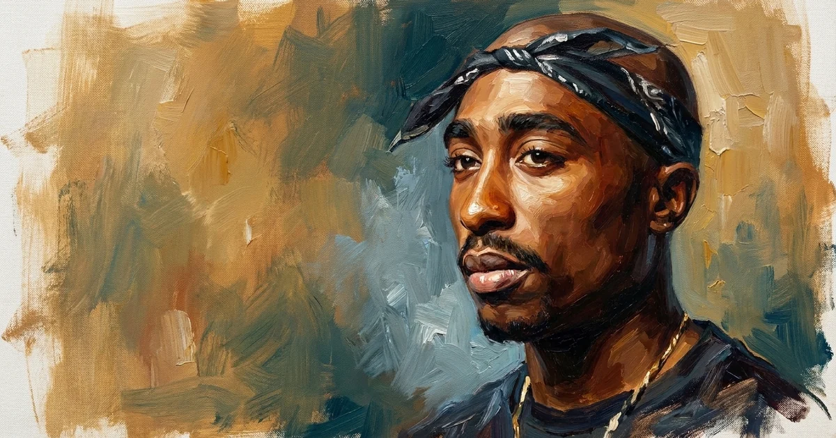 Oil painting portrait of Tupac Shakur in a black bandana, painted in loose visible brush strokes against an ochre and teal background