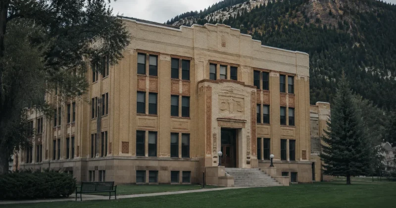A four-story 1928 buff brick county courthouse with terracotta trim and a carved central entrance, set on a green lawn below pine-covered mountain slopes
