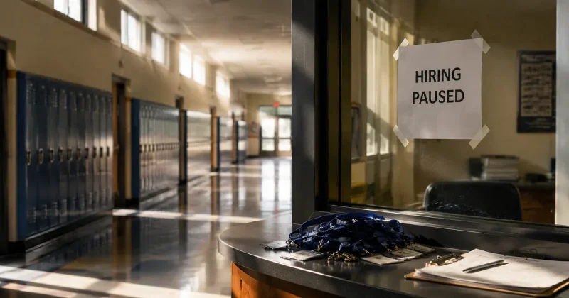 An empty school hallway lined with closed lockers, a stack of unclaimed staff ID lanyards on the front-desk counter and a paper sign on the glass reading HIRING PAUSED