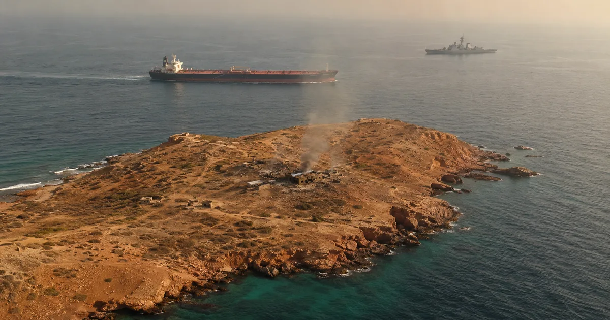An arid rocky island in hazy Gulf light with a thin column of smoke rising from a damaged structure near its ridge, a laden crude oil tanker transiting the shipping lane behind it and a grey naval warship holding station on the horizon.