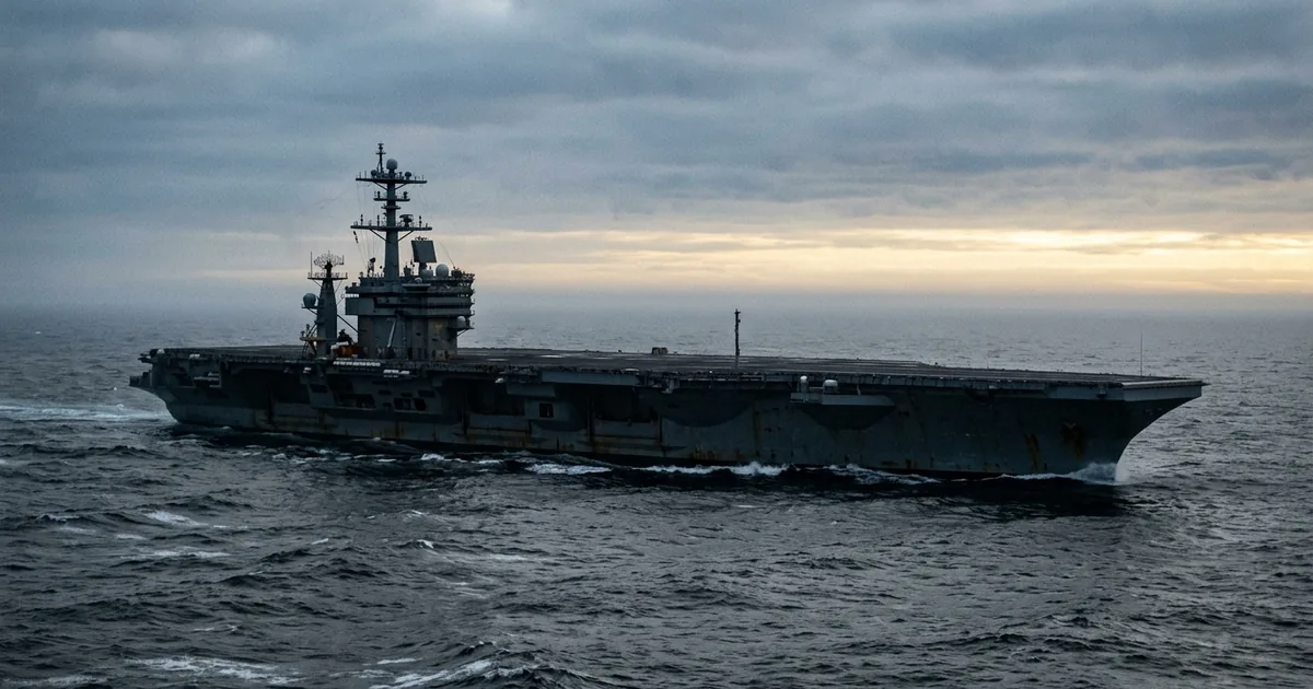 A US Navy nuclear aircraft carrier under way alone in open ocean at dawn, its flight deck empty of aircraft