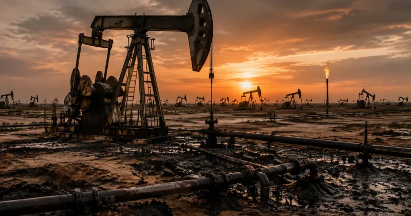 Rows of weathered pump jacks and oil-stained ground stretch to the horizon in a heavy-crude field, with a gas flare burning at right under an orange sky