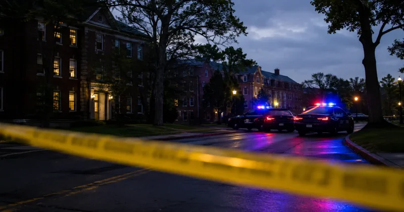 Yellow police tape strung across a wet street at dawn with two patrol cars, emergency lights flashing, parked outside brick university residence halls