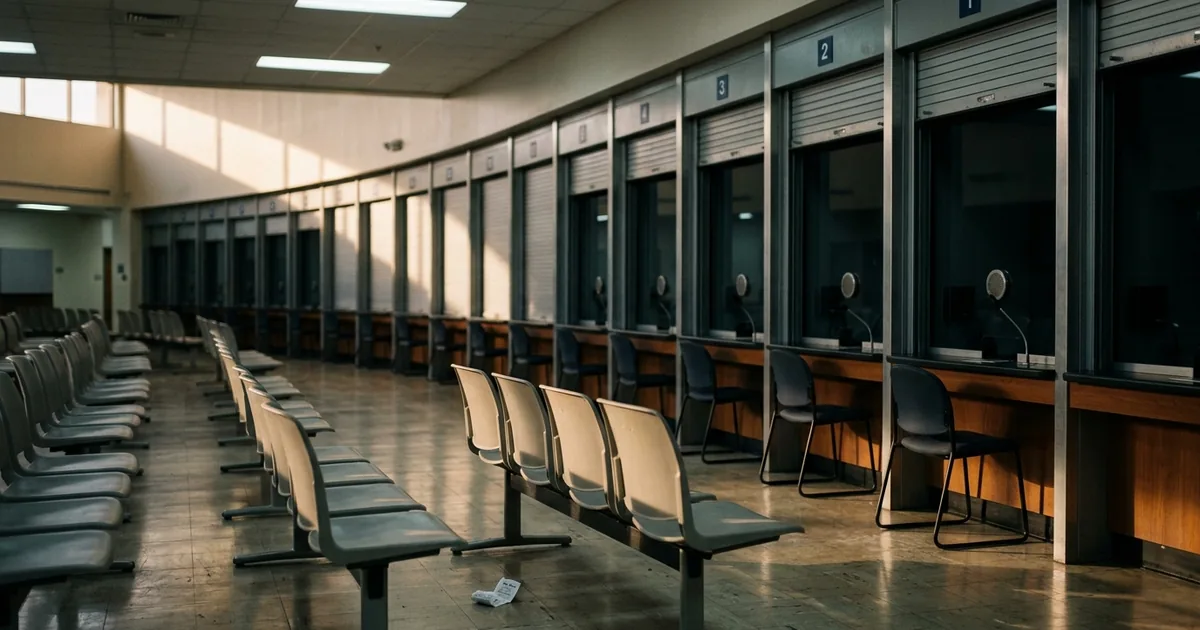 A long row of shuttered visa interview windows in an empty consular waiting hall, chairs vacant and a discarded queue ticket on the floor