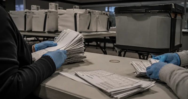 Two pairs of blue-gloved hands sorting stacks of paper ballots on a table beside sealed ballot transfer boxes in an election office