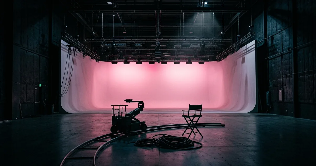 A deserted soundstage with a pink-lit cyclorama wall, a parked camera dolly on curved track and an empty director's chair