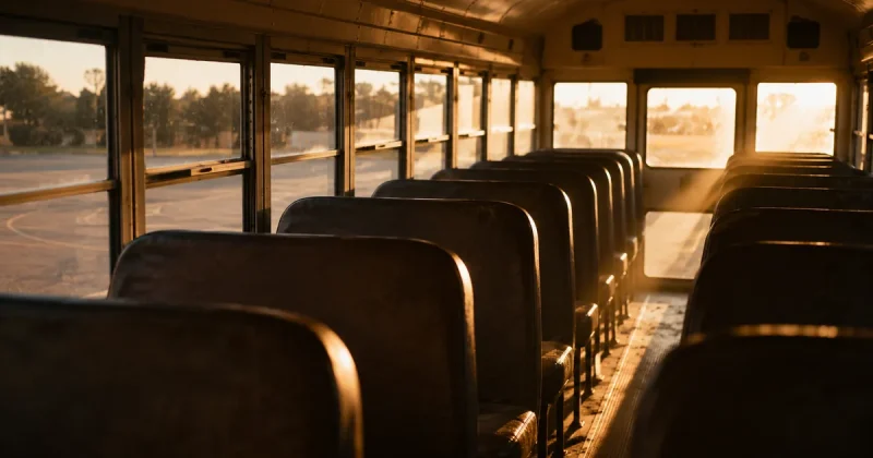 Rows of empty seats inside a small school bus parked in an asphalt lot, low sun cutting through dusty windows