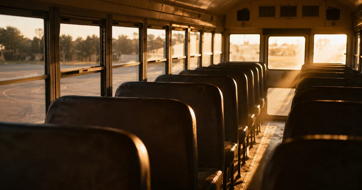 Rows of empty seats inside a small school bus parked in an asphalt lot, low sun cutting through dusty windows